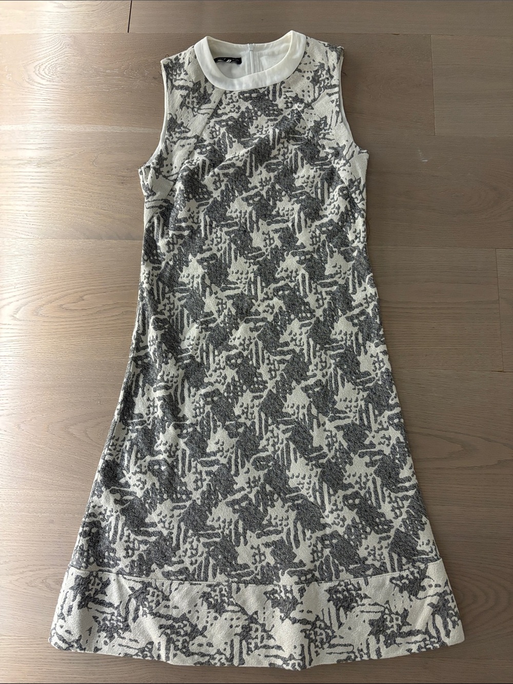 Sleeveless Midi Dress in Cream and Gray with Abstract Knit Pattern